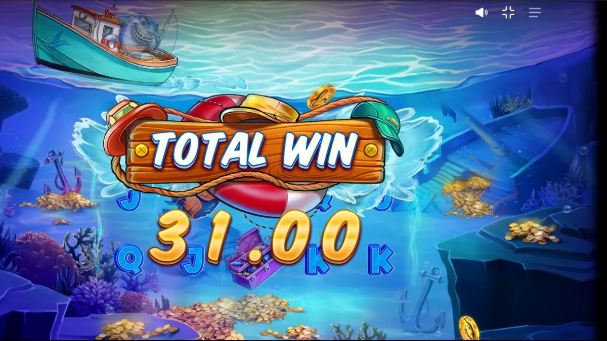 Shark Boss স্লট গেমের একটি দৃশ্য যেখানে হাঙর নৌকায় বসে মাছ ধরছে
