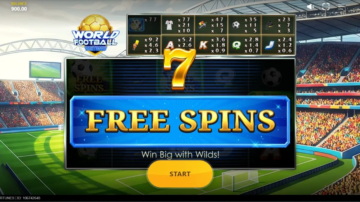 World Football Fortunes slot machine interface featuring stadium background