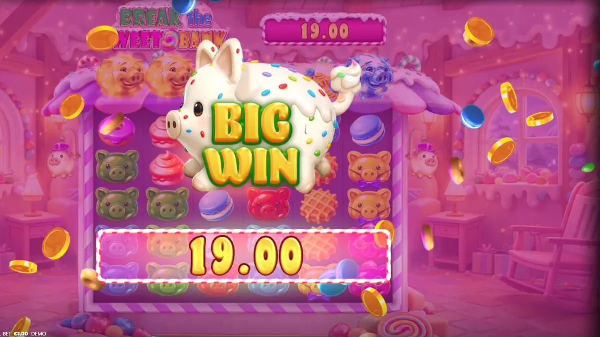 Break the Sweet Bank slot game interface showing candy symbols and piggy banks